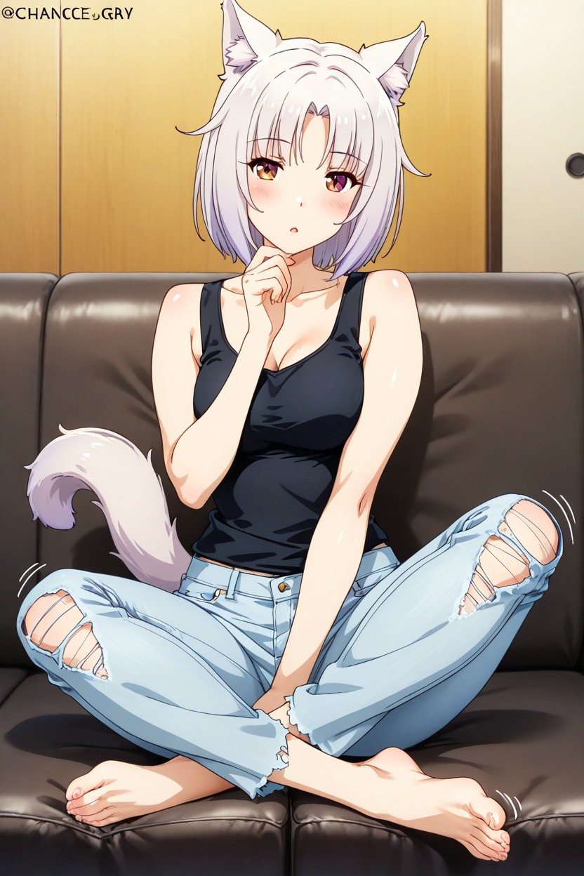 Sittings On Couch Alone, Nekopara, Silver Hair Hentai AI Porn
