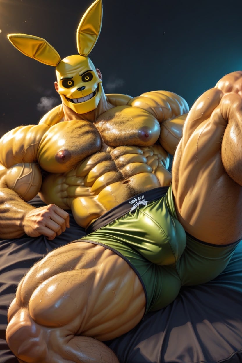 Broad Shoulders, Greenish Yellow Bunny Costume, Muscular AI Gay Porn