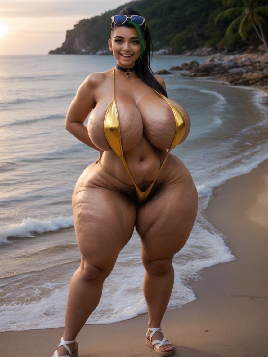 Cellulite Gigantic Thighs, Golden Slingshot Bikini, Open Mouth AI Porn