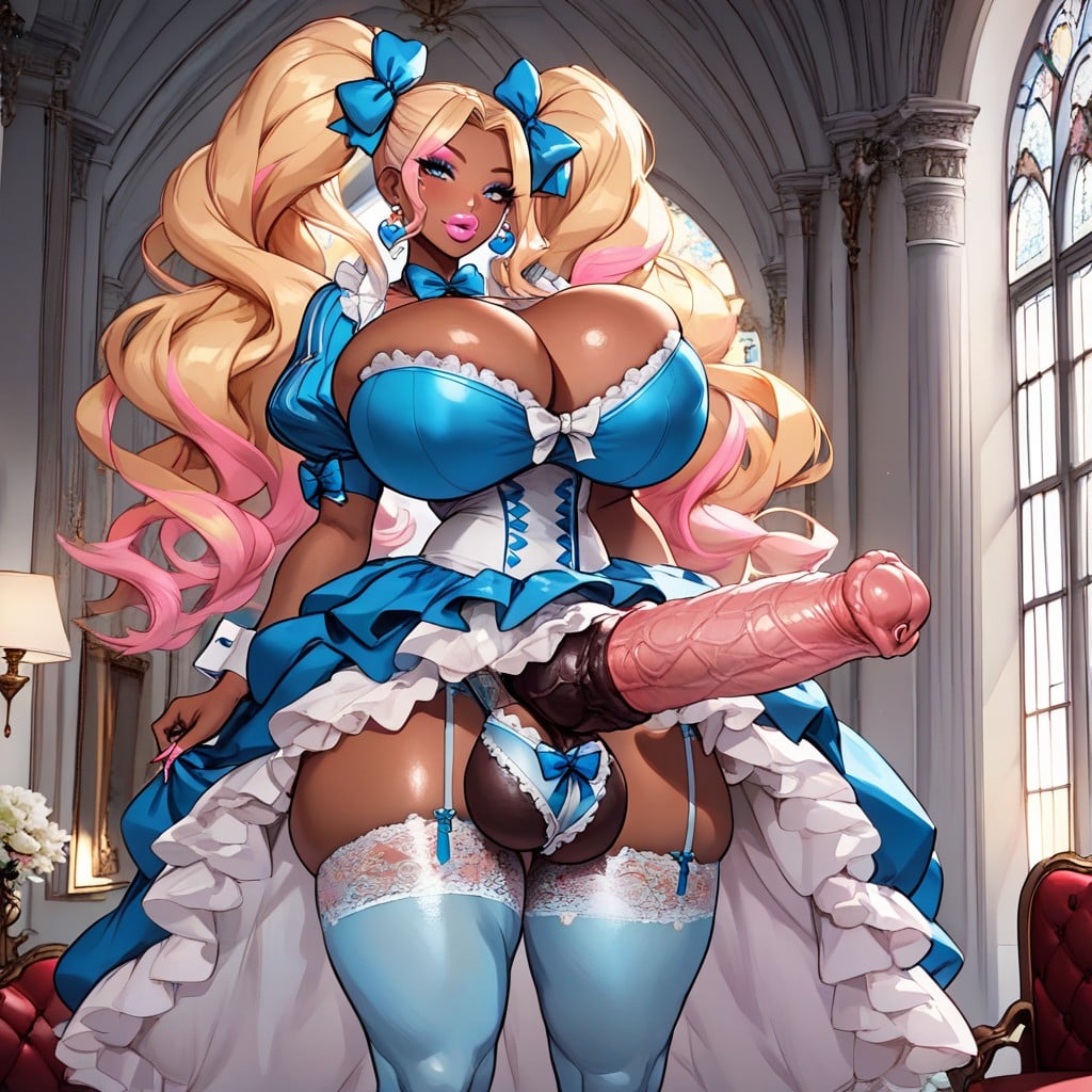 Futa Princess, Intricate Blue Outfit, Revealing Frilly Blue Outfit With Bows And Ribbons Shemale AI Porn