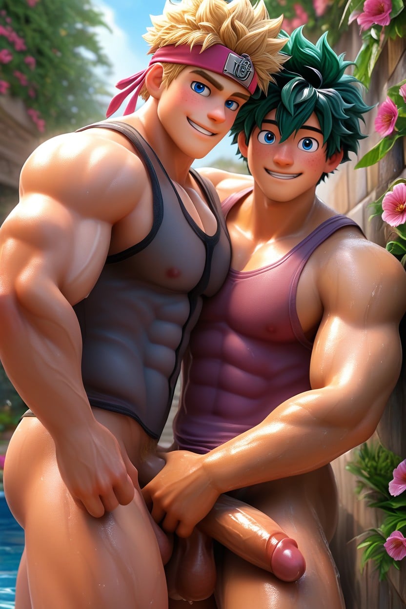 Two Guys, Lying Side By Side, Garden Shower AI Gay Porn