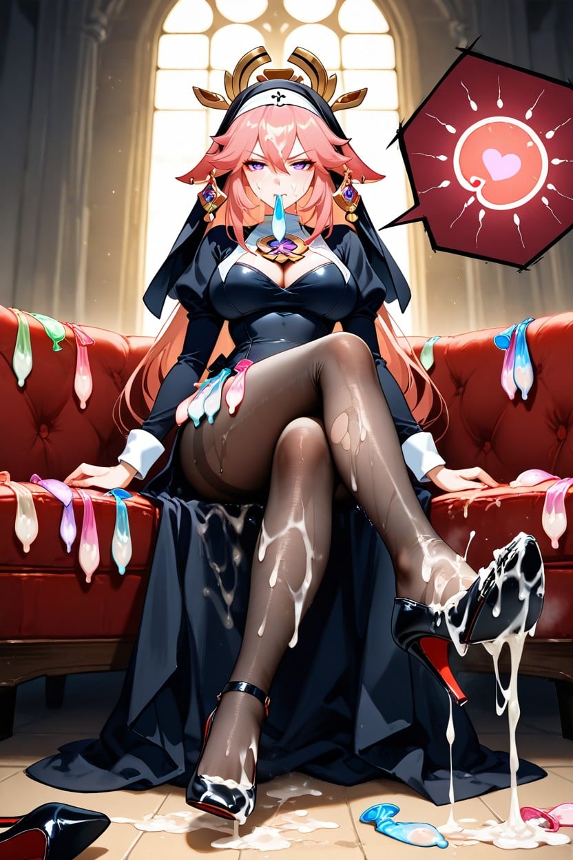 Cum On Body, Angry Hate Eyes, Nun Outfit With Opaque Black Tights And Black High Heels Hentai AI Porn