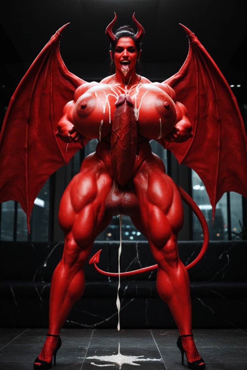 Red Big Wings, Huge Rounded Breasts, Hyper Cum And Flood Shemale AI Porn