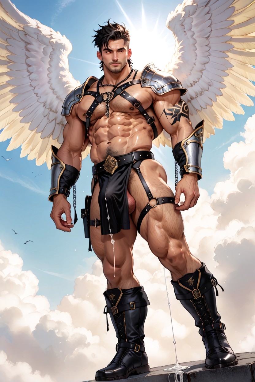 Massive Angel Wings, Subject Flying Among Clouds, Huge Muscular Body Porno IA Gay