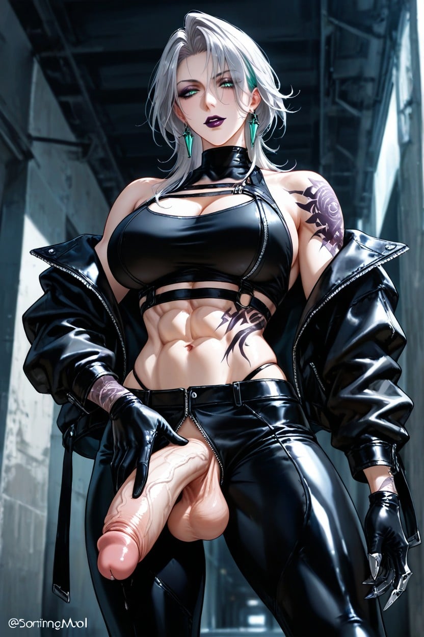 Abs, Futadom, Backless Black Leather Gloves Hentai AI Porn