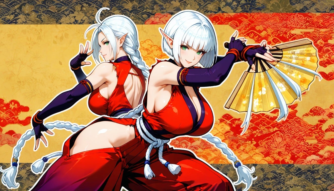 Deep V Front, Anime Style, Red Hakama Skirt With Side Slits Hentai AI Porn