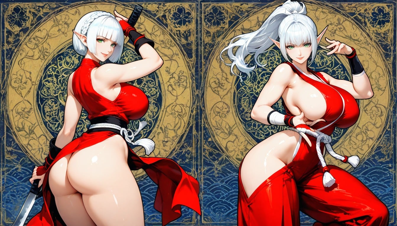 White Hair, Elf Female, Green Eyes Hentai AI Porn