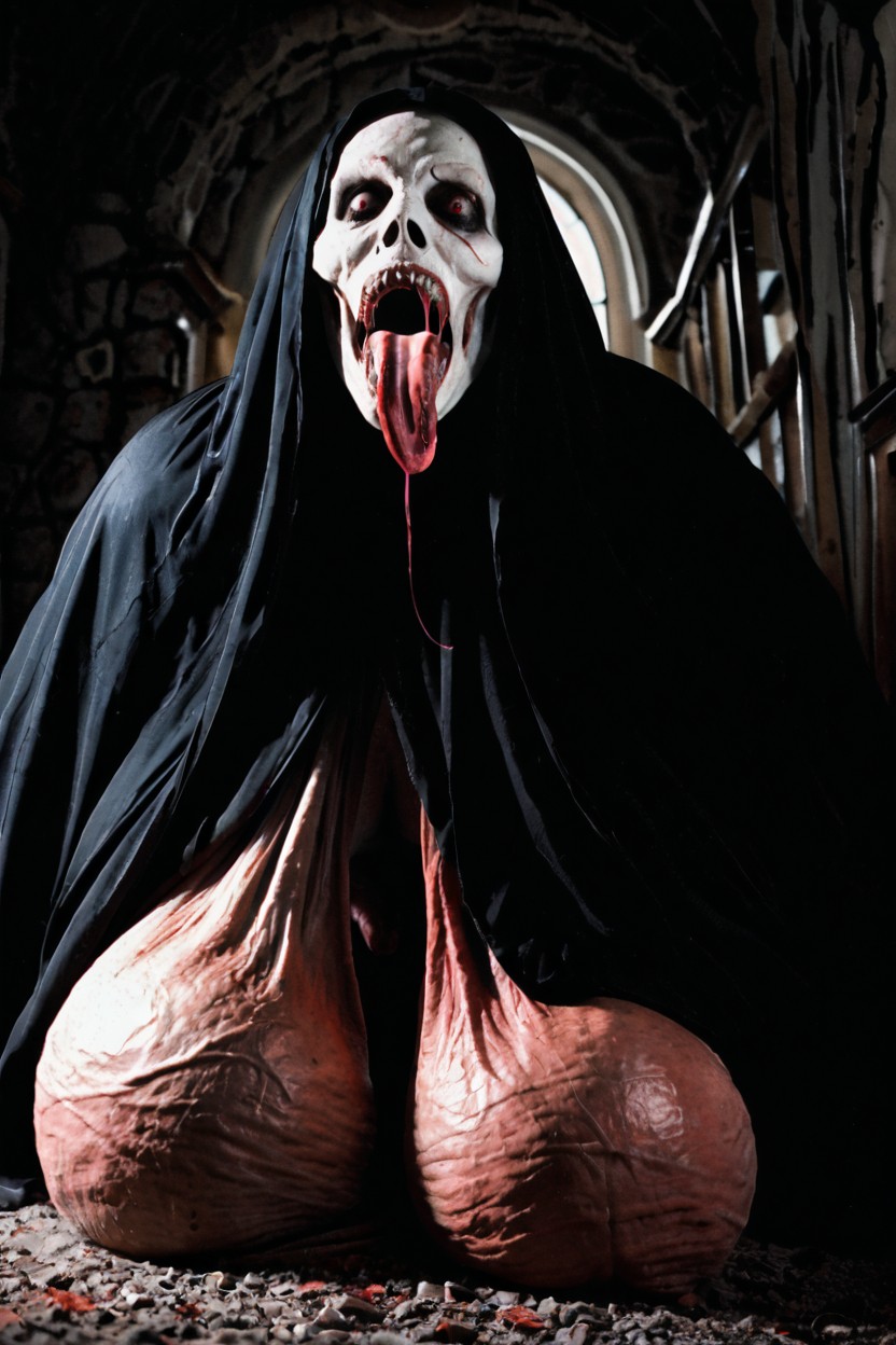 Hyper Sagging Balls, Gaping Mouth, Scary Shemale AI Porn