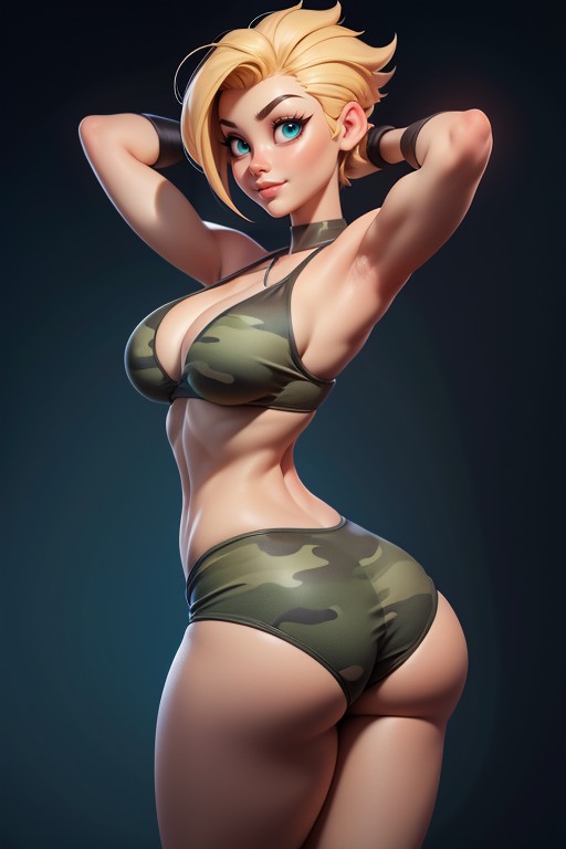 Shaved Bald On The Sides Of Head, No Hair In The Back Of Head, Rear View Of Large Round Bubble Ass Hentai AI Porn