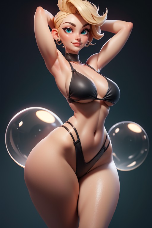 Sexy Woman Soldier, Green And Black Military Camouflage Bikini, Arms Up In Front Of Face Hentai AI Porn