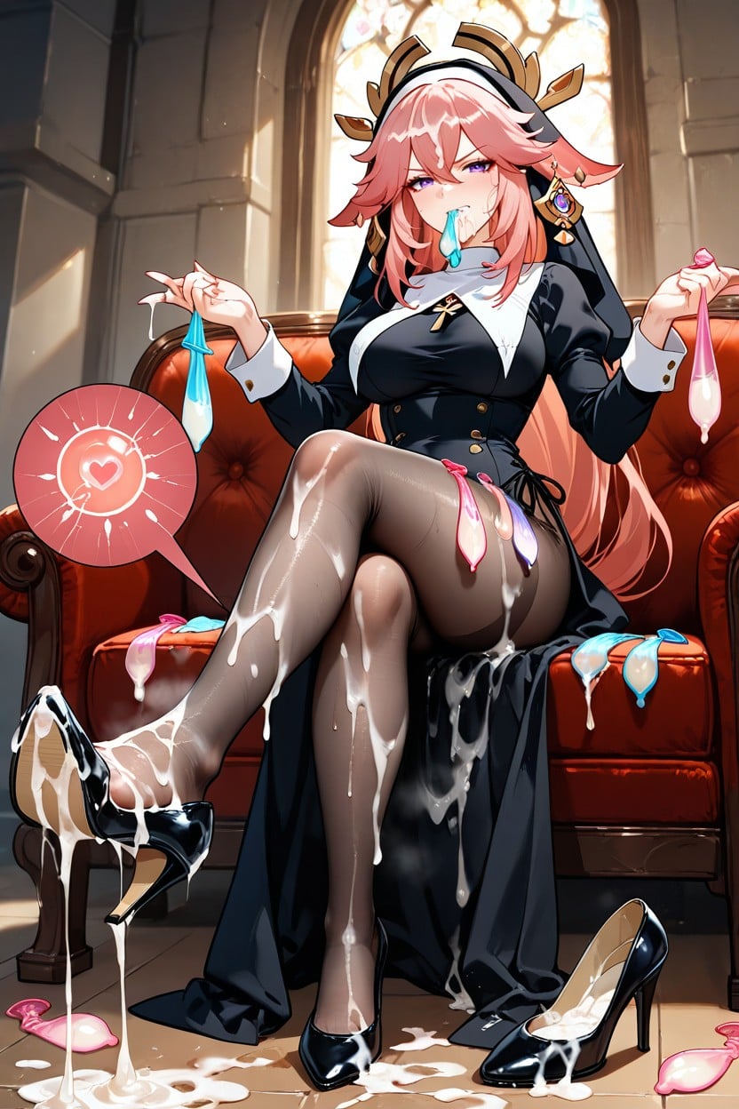 Style Anime, Holding Many Used Condom In Mouth, Covered By Cum Hentai AI Porn