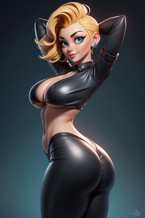 Green And Black Military Camouflage Bikini, Arms Up In Front Of Face As Though Hugging Upward, Thick Thighs Hentai AI Porn