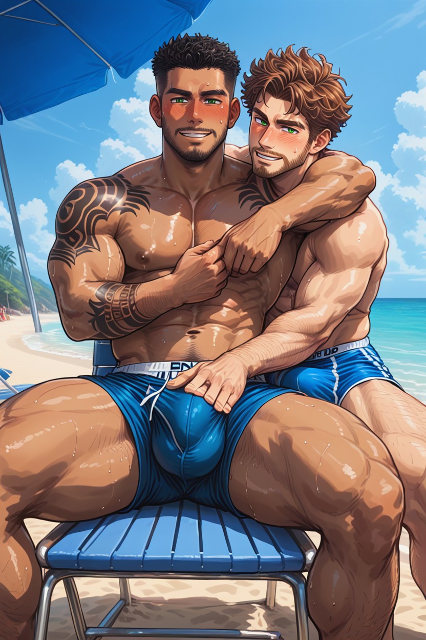 Confident, Massive Muscles Body, Topless Big Bulge Extremely Large Dick Under Trunkssoft Beard Large Sized Balls Porno gay IA