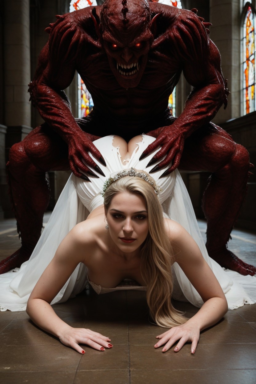 Giant Red Devil Monsters, Tall Woman, Bigger Than Woman AI Porn
