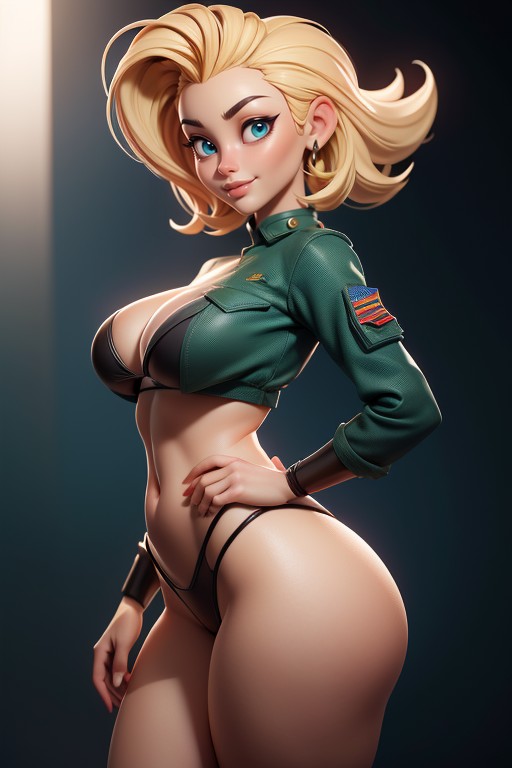 Blue Eyes, Curvy Hips, Green And Black Military Camouflage Bikini Hentai IA