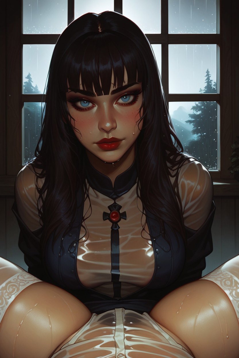 Laying On Stomach With Legs Open, See Through Clothes, Long Hair AI Porn