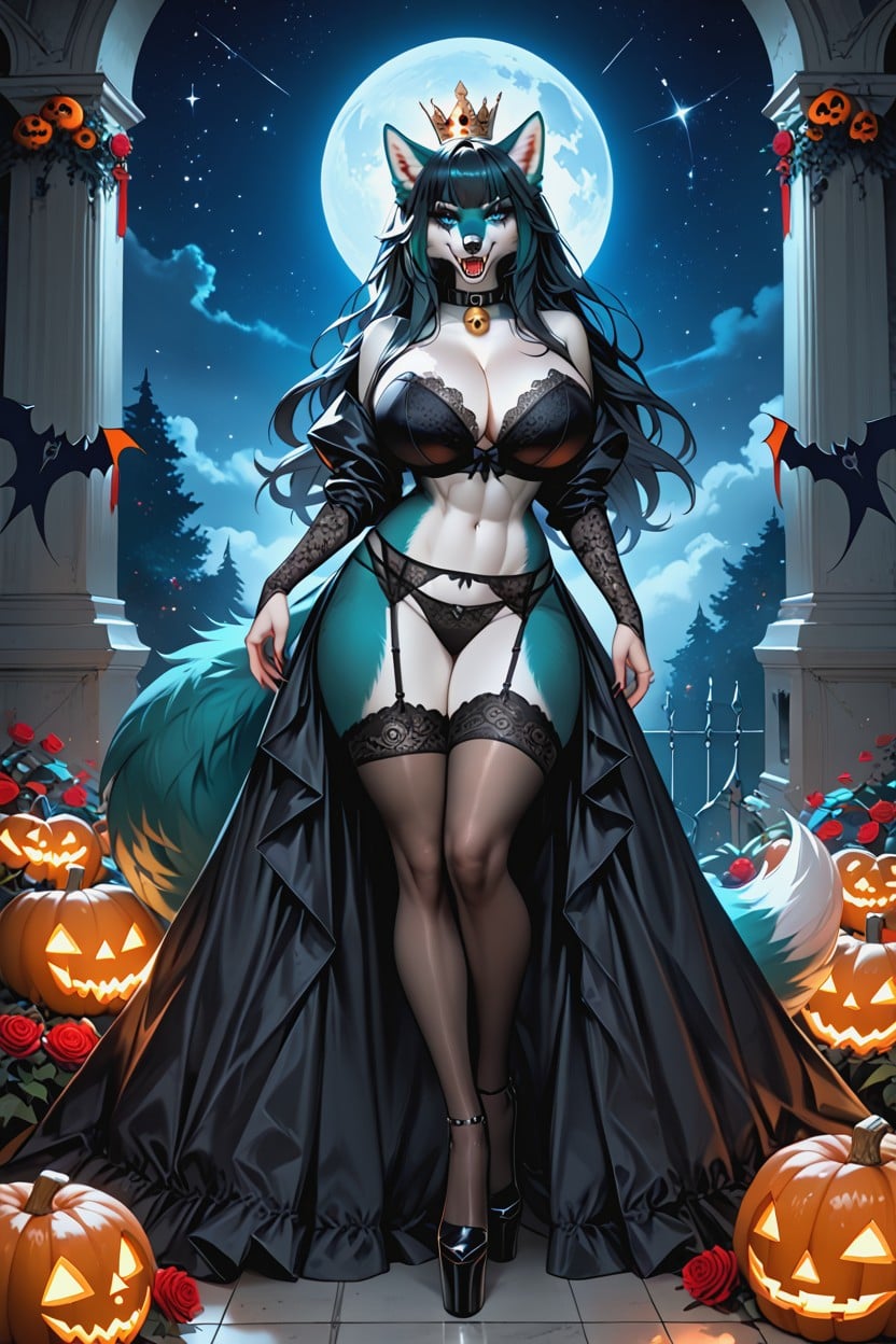 Night, Long Fluffy Husky Tail, Castle Background Furry AI Porn