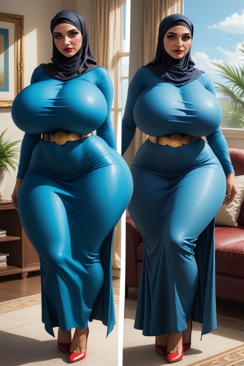 Full Body, Sky-blue Colour Skirt, Wearing Sky-blue Colour Hijab Hentai IA