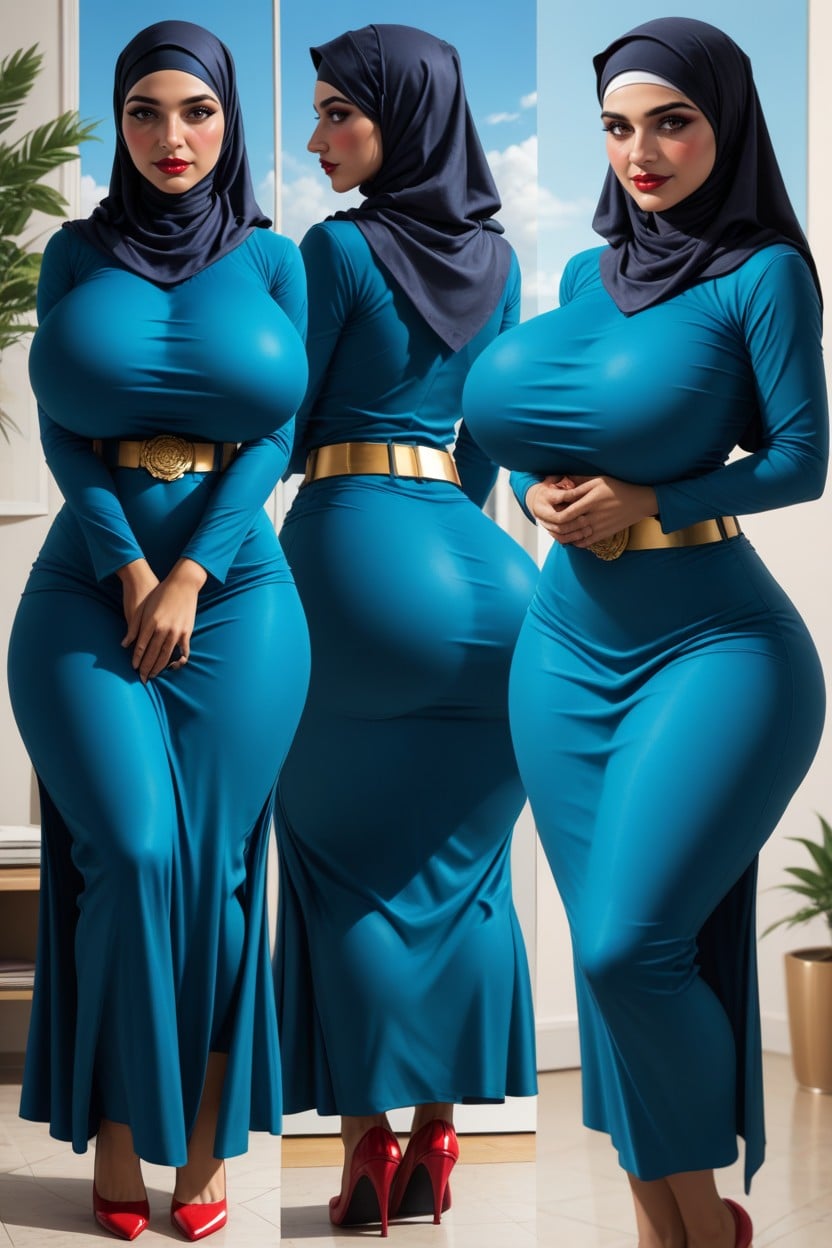 Gold Finished Dress, Wearing Sky-blue Colour Hijab, Front View Hentai AI Porn