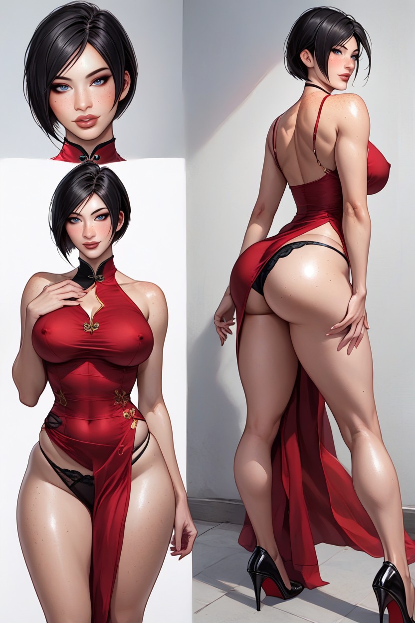 Pretty Makeup Gorgeus Voluptuos Woman, Ada Wong From Resident Evil, Black Hair AI Porn