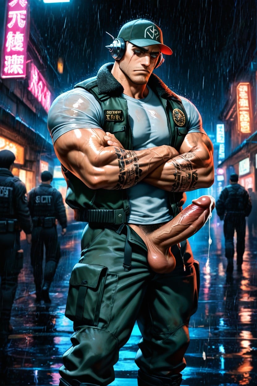 Thick Pecs, Deep Set Grey Eyes With Eye Bags, Dark Green Cargo Pants Porno IA Gay