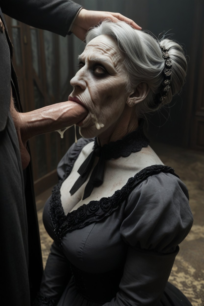 Hair Pulling, Monster White Cock Only, Grey Scarred Skin Undead Zombie Victorian Housewife AI Porn
