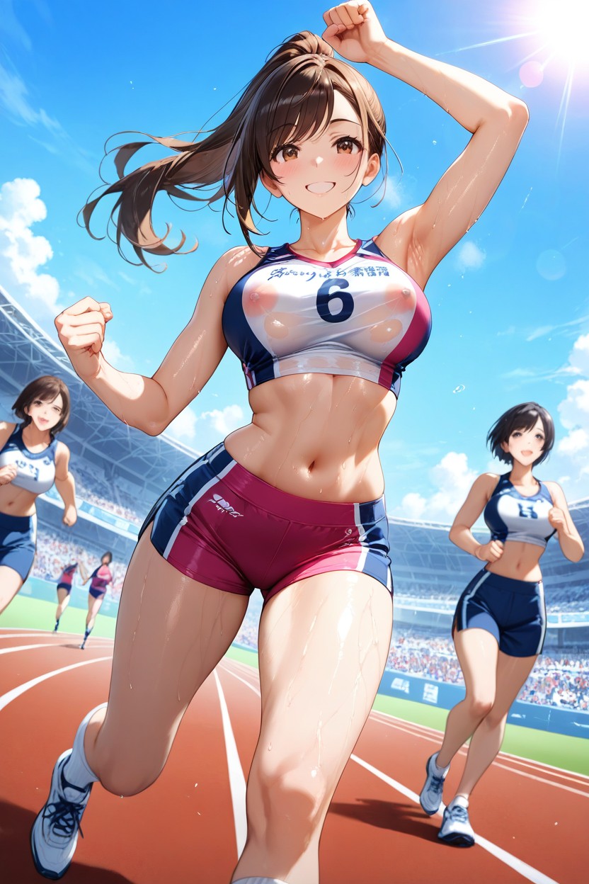 Navel Exposed, Strong Wind Blowing Hair, Two Tone Running Shoes Hentai AI Porn