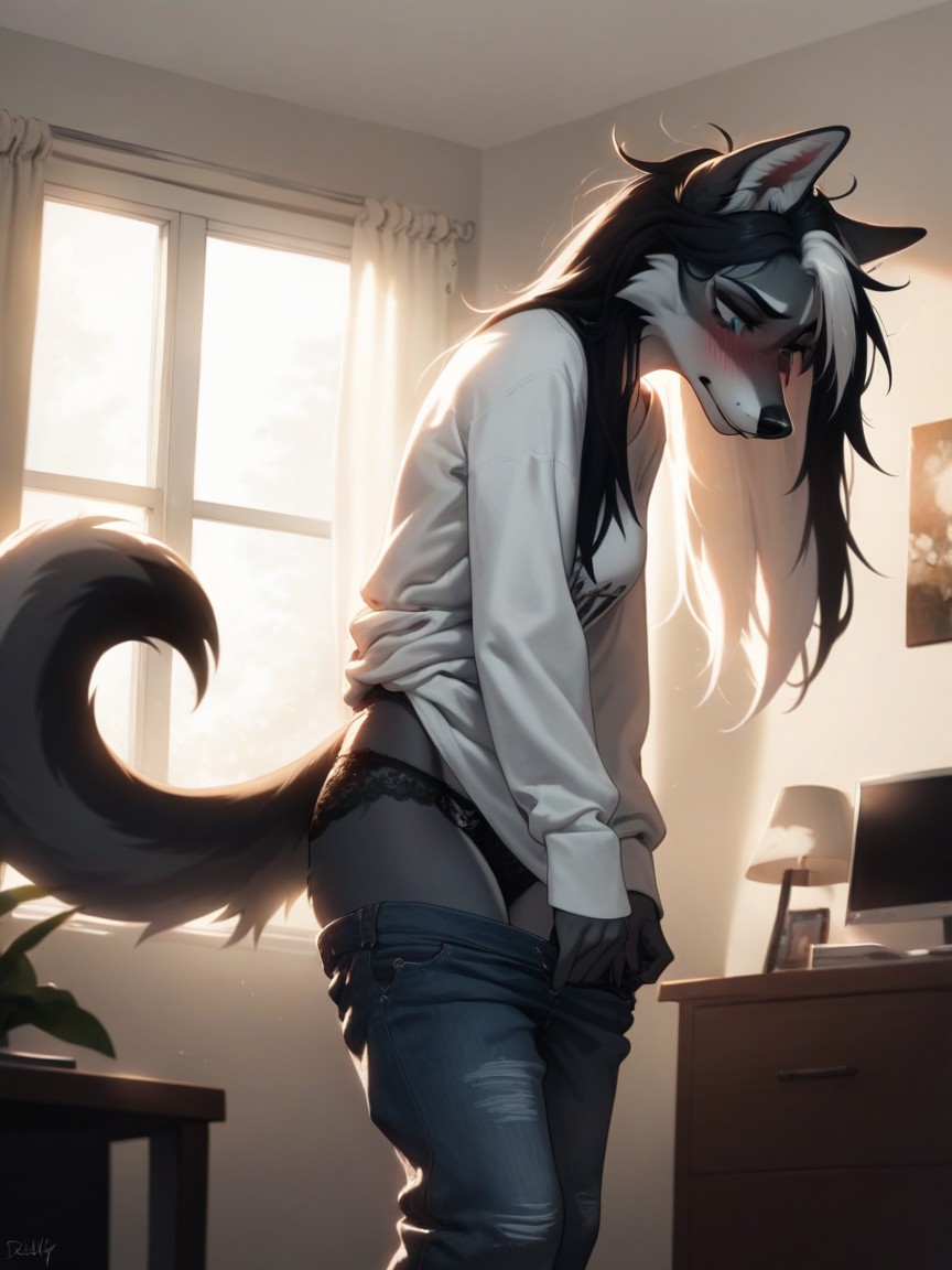 Grey Fur, 18+, Messy Hair Furry AI Porn