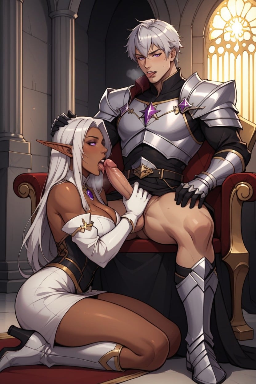 Breathing Heavy, Blowjob (3rd Person), Dark Elf Female Warrior With Dark Tan Skin And Male Knight Sitting In A Throne Hentai AI Porn