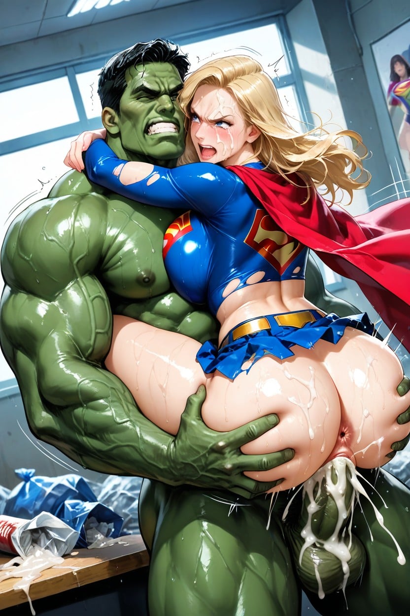 Hulk From Marvel Fucking Supergirl From Dc, Semen In The Hair, Overhead Dutch Angle Hentai AI Porn
