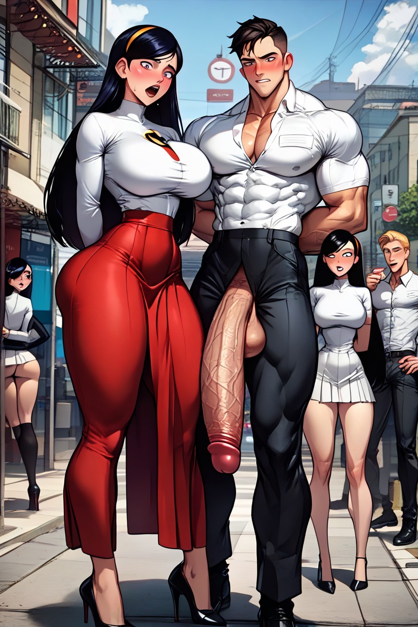 Male Standing Between The Two Women, Cock Bigger Than Her Torso, Giant Hyper Cock Porno IA