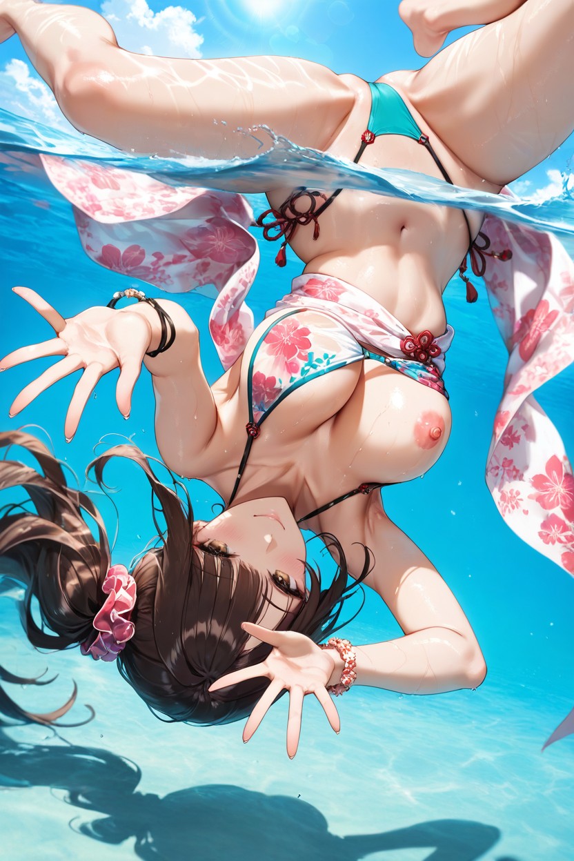 Open Palms, Left Parted Curtain Hair Bangs, Bare Breasts Exposed; Hentai AI Porn