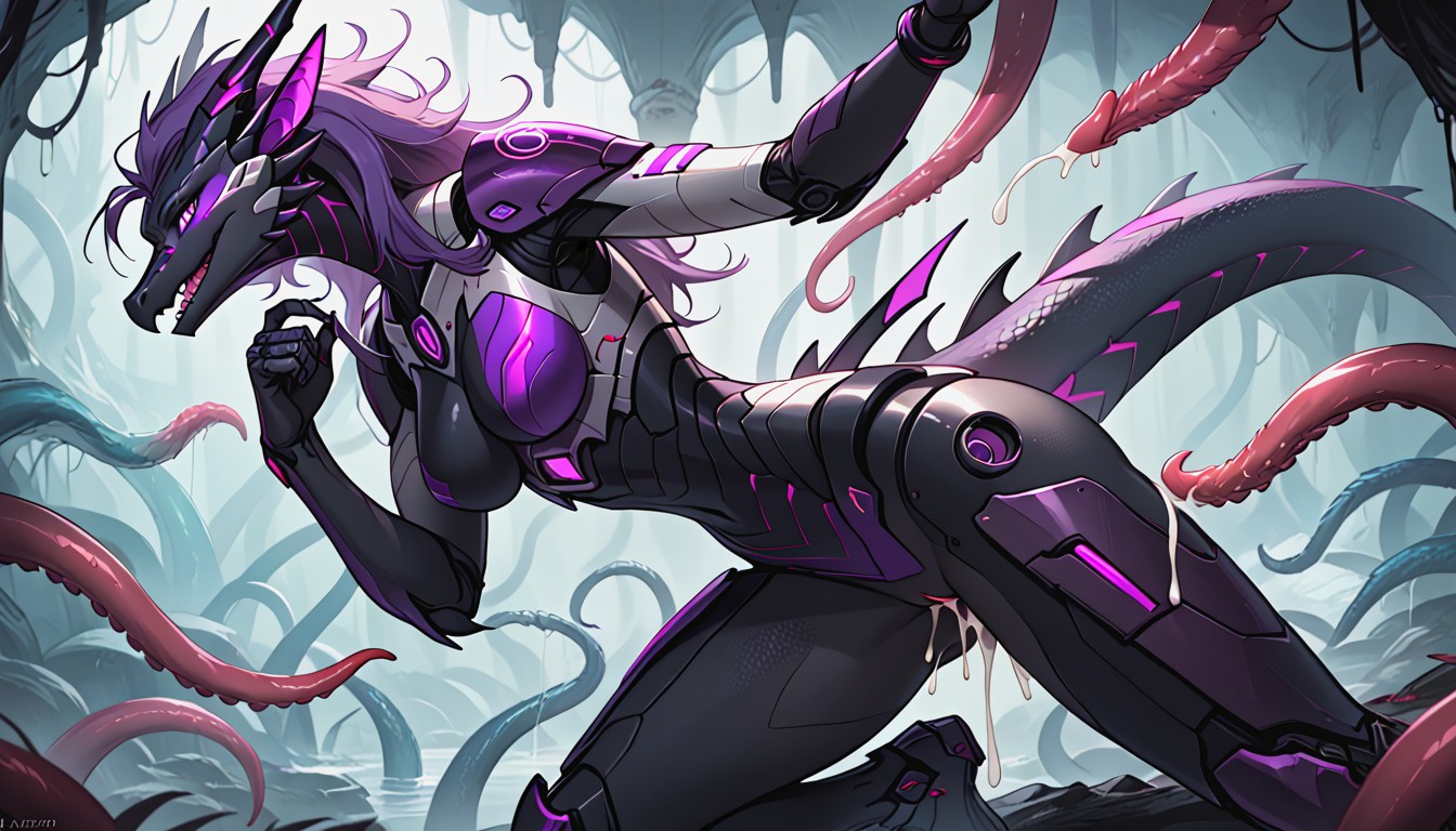 Glowing Purple Eyes, Purple Hair, Cyborg Furry AI Porn