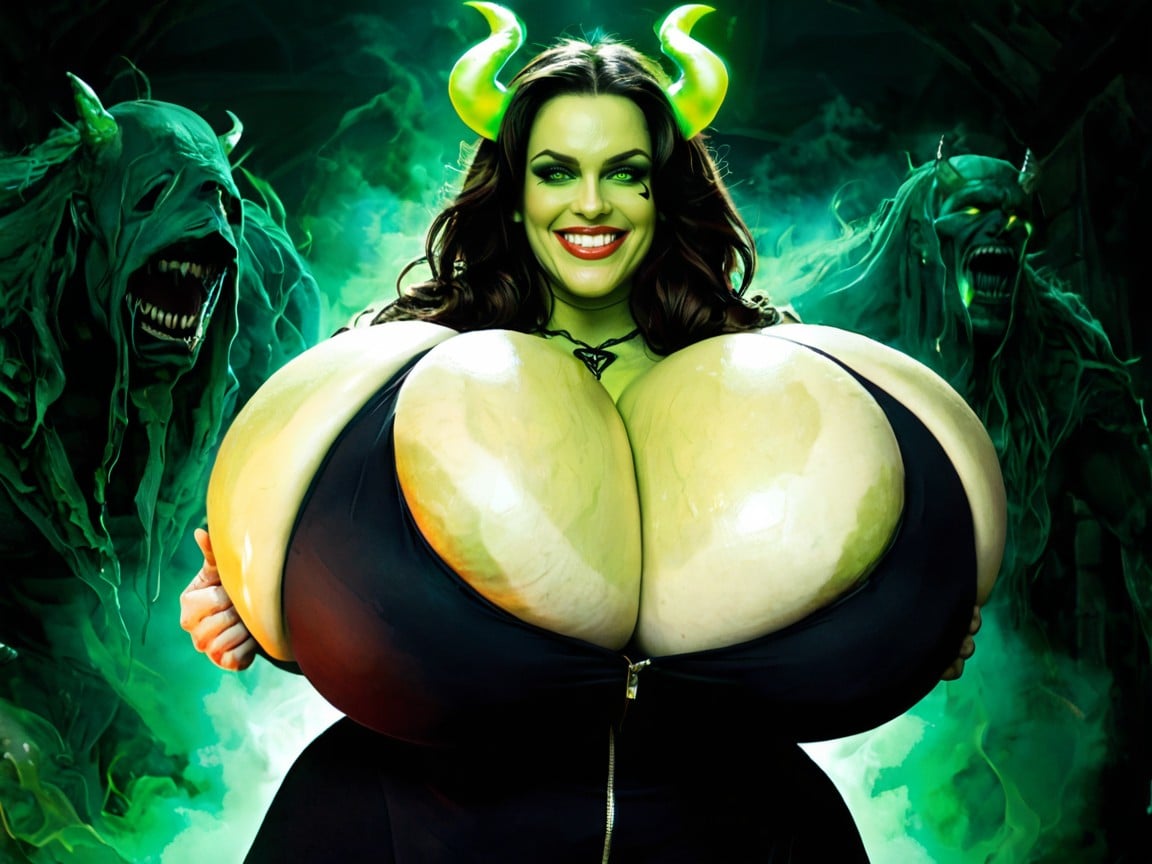 Immense Hyper Breasts, Enormous Gigantic Huge Breasts, Green Demonic Aura Around Her Porno IA
