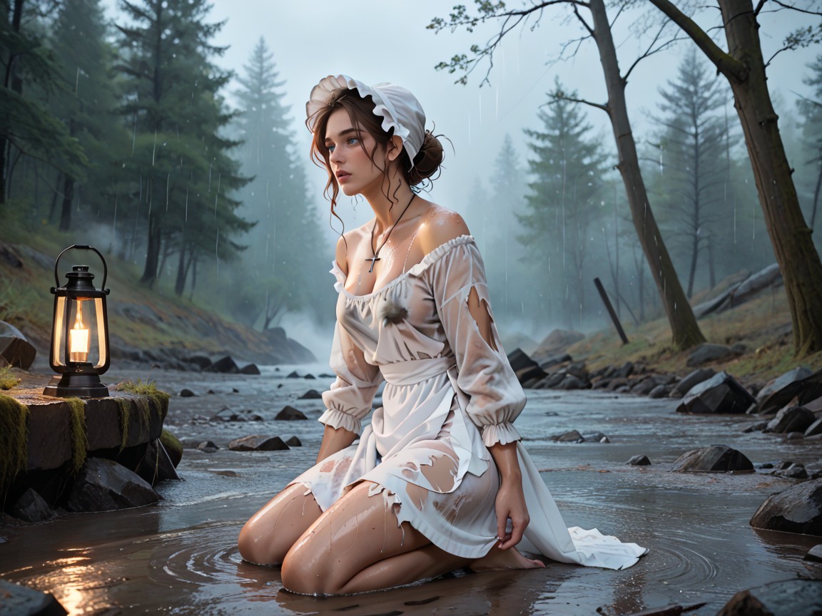 Dynamic Pose, Stunning Woman, Looking Up To Cloaked Figure AI Porn