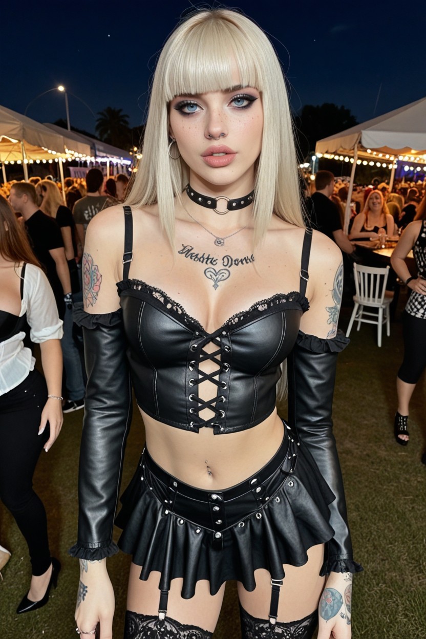 Standing At Festival, High Black Leather Stockings, Egirl AI Porn