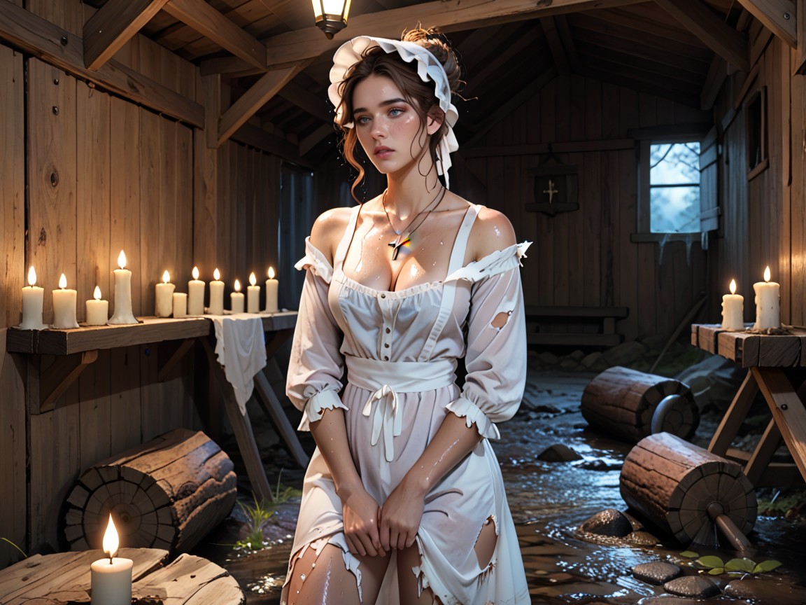 Warm Soft Glow Ambient Light From Candles, Brown Hair, Light Blue Eyes AI Porn