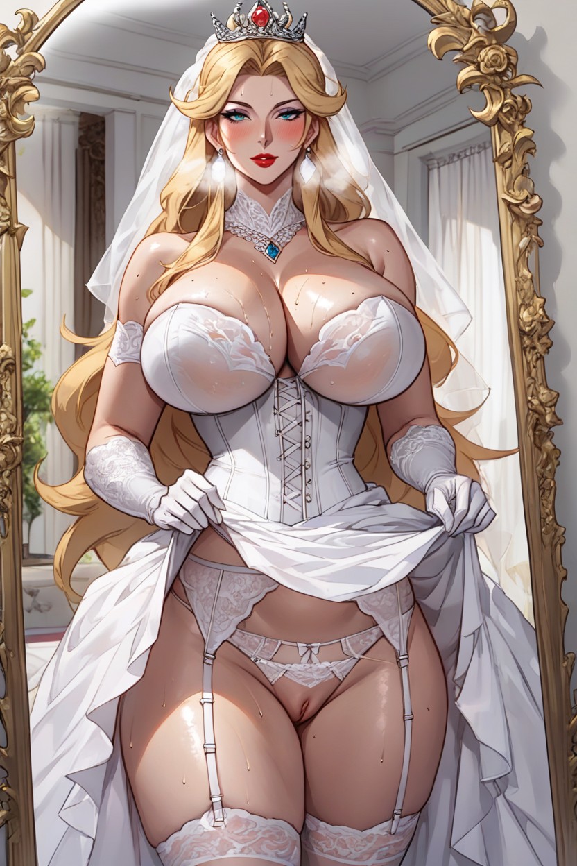 Motherly Face, Wedding Dress, Exposed Thighs Hentai AI Porn