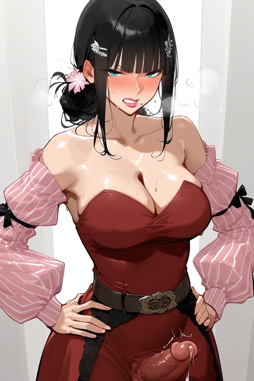 Errection Throu Clothes, Low Tied Long Hair, Hands On Own Hips AI Porn
