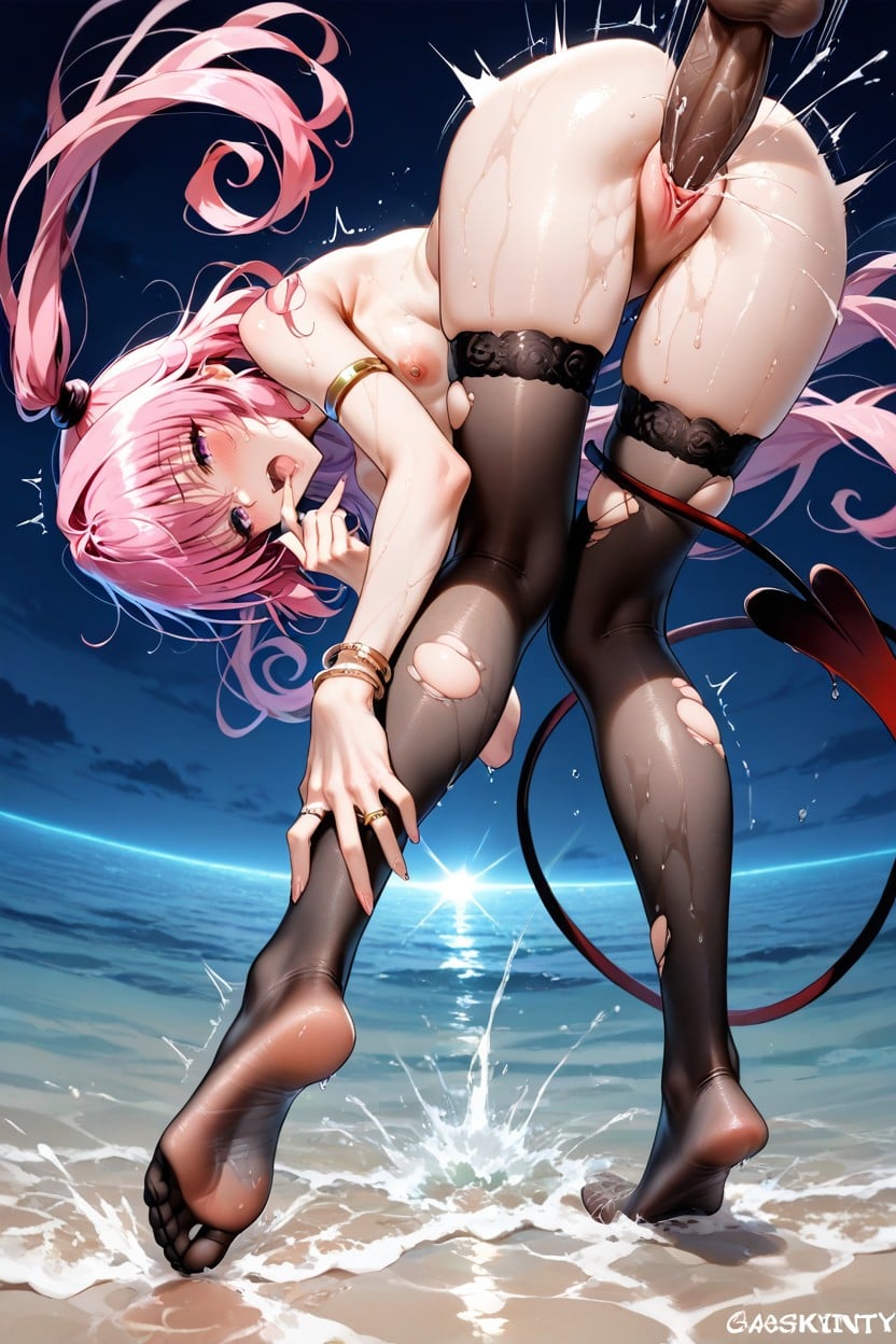 Orgasm, Her Stripped Red And Black Usual Stockings Are Torn At Multiple Places, Front View Hentai AI Porn