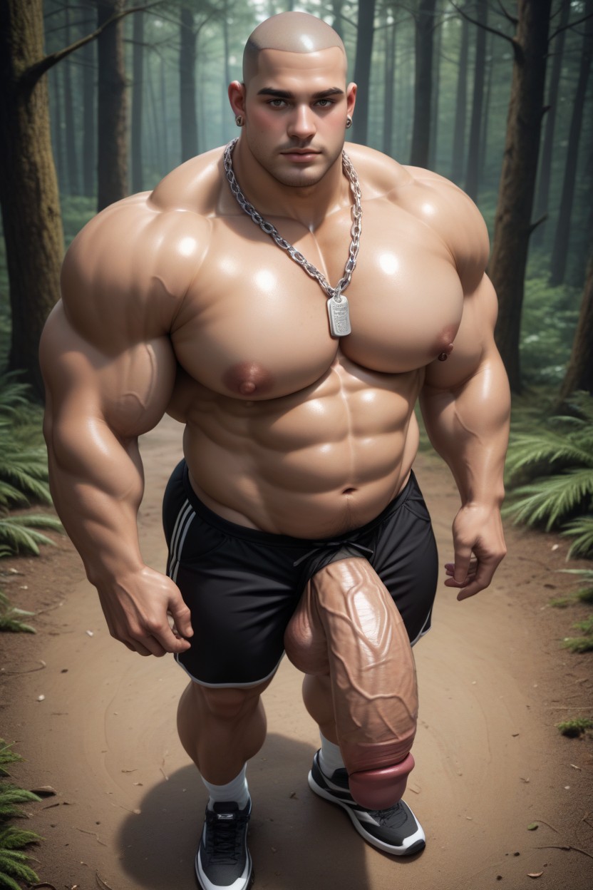 Standing In The Forest, Pretty Eyes, Shaved Bald AI Gay Porn