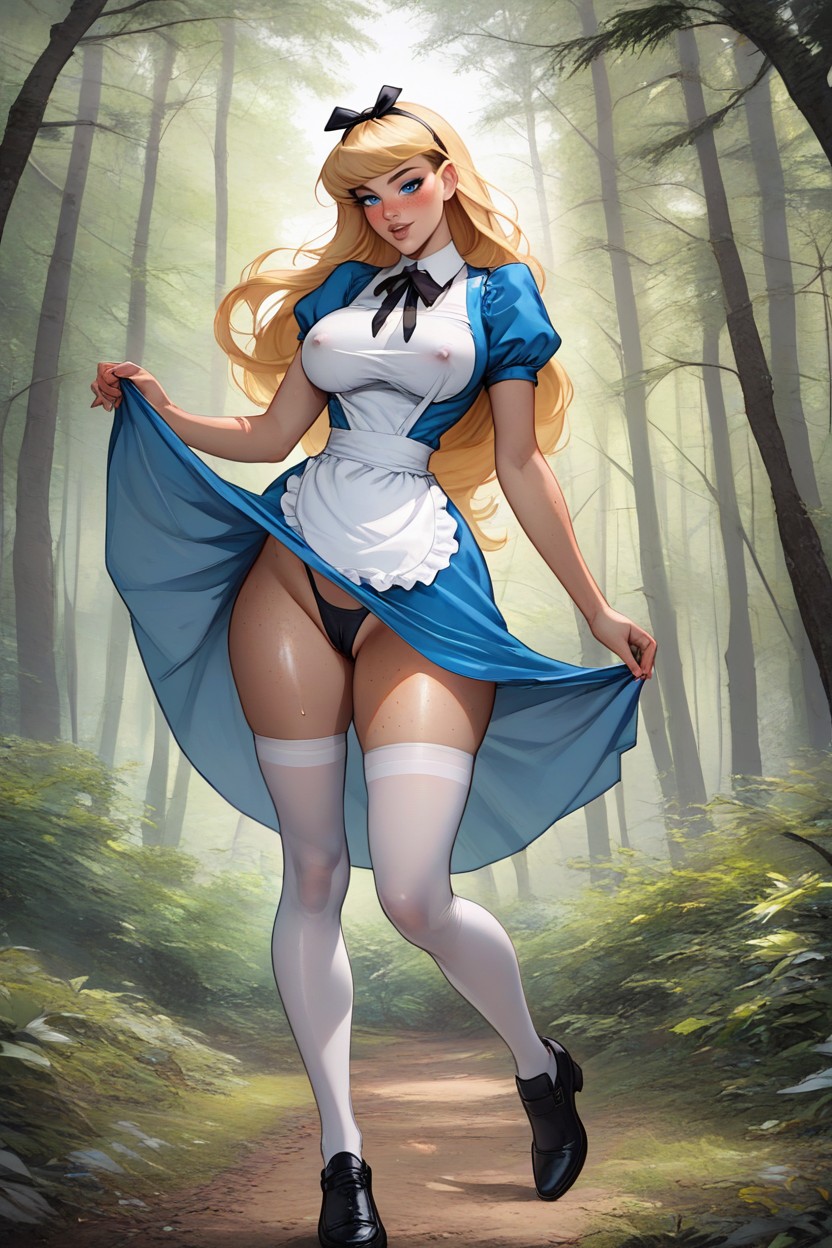 Shaved Cunt, Busty, White Tights And Black Mary Jane Shoes A Black Ribbon In Her Hair AI Porn