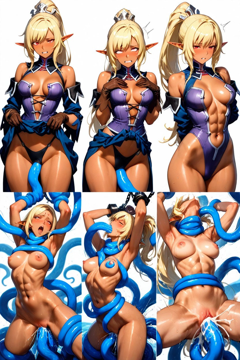 Fucked By Multiple Blue Water Tentacules, Xs Body, Front Opened Black Lether Gothic Chest Armored Hentai AI Porn