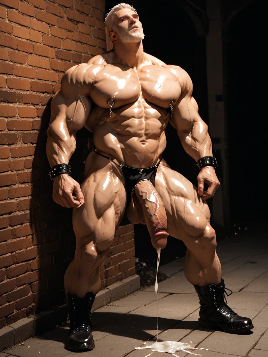 Vinyl Knee High Male Boots, Mature Muscle Daddy, Side View AI Gay Porn