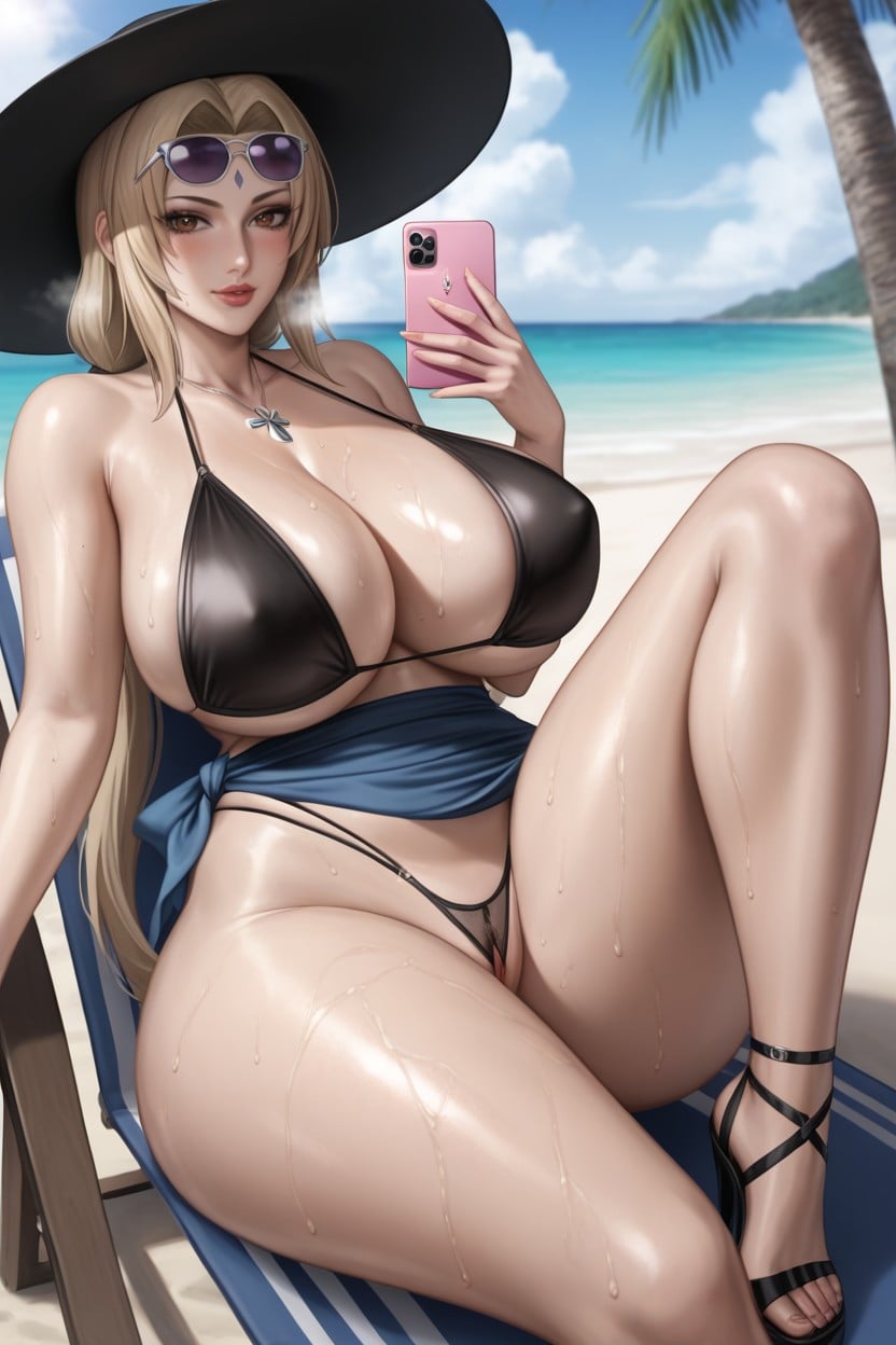 Thick Legs, Black Halter Neck Criss Cross Bikini Top And Matching Bottom, Detailed Eyes 헨타이 AI 포르노
