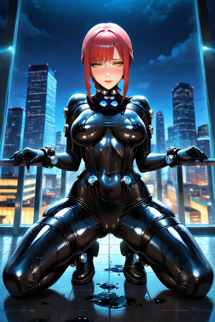 Panoramic Futuristic City View, Kneeling Legs Spread, Extremely Sweaty Hentai AI Porn