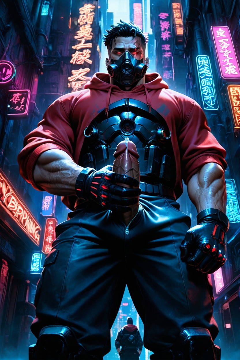 Metal Piercings, Urban Cyberpunk Street Background, Dystopian Atmosphere AI Gay Porn