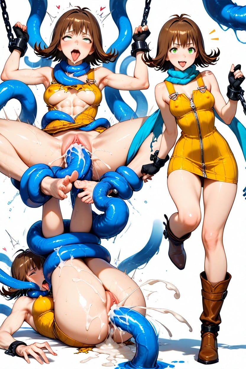 Erect Nipples Under Outfit, Brown Leather Strappy High Boots, Front Middle Zipper Opened Up To The Navel Hentai AI Porn