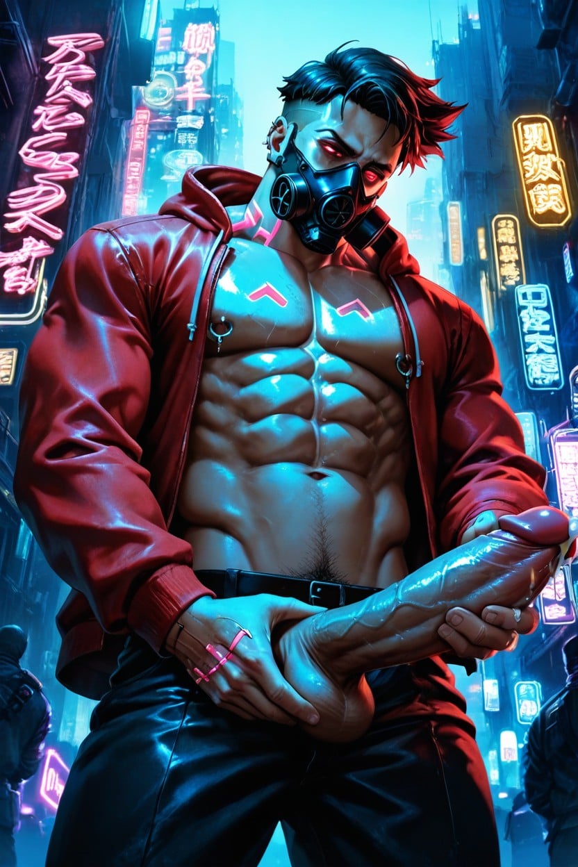 Wide Angle, Intense Blue And Pink Neon Lighting Illuminating His Skin, A Muscular Man AI Gay Porn