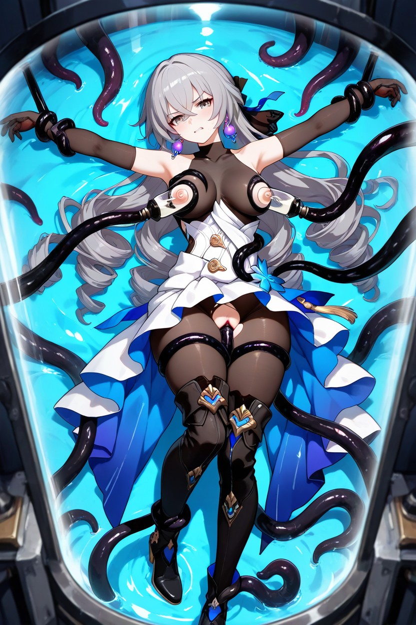 White Dress With Blue And Gold Details, Thigh High Black Boots, Silver Hair Hentai IA